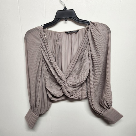 Zara Tops - Zara Blouse Womens XS Beige Pleated Cropped Twist Front Balloon Sleeve Top